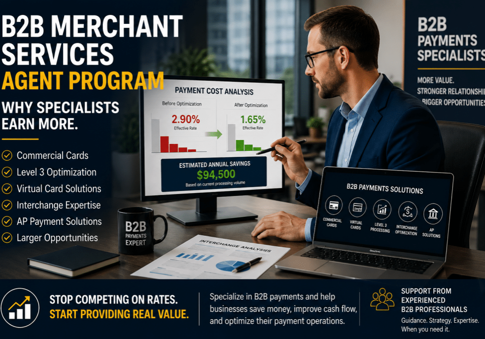B2B merchant services agent program specialist reviewing payment cost analysis showing interchange optimization savings