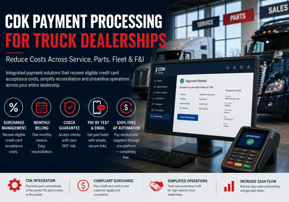 CDK payment processing for truck dealerships showing payment posted to repair order with surcharge management, monthly billing and check guarantee