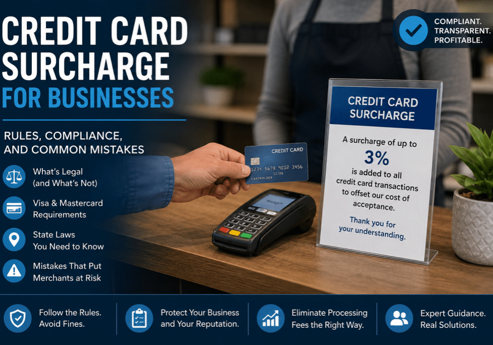 Credit card surcharge for businesses with payment terminal, business credit card, and surcharge compliance.