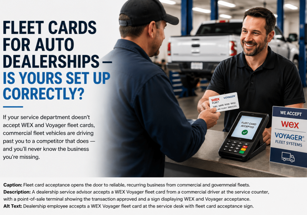 Auto dealership service advisor accepting a WEX fleet card from a commercial fleet customer while processing a vehicle service transaction.