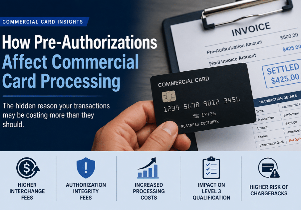 Illustration showing how pre-authorizations affect commercial card processing, including authorization mismatches, interchange fees, and Level 3 qualification.