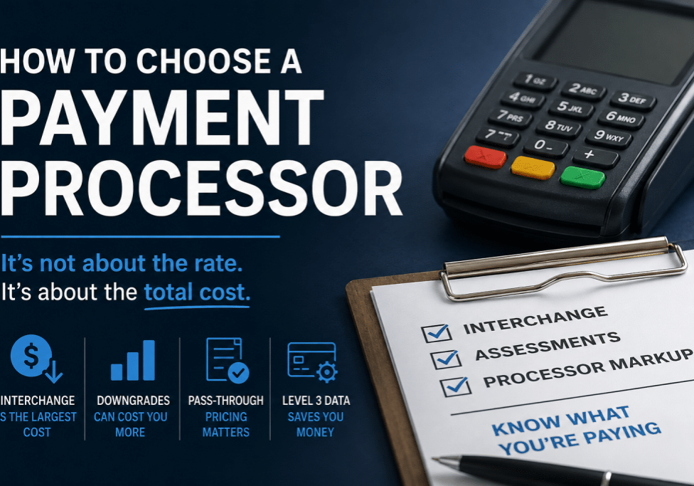 This image describes a business evaluating how to choose a payment processor by comparing interchange, processor markup, pass-through pricing, downgrades, Level 3 processing, and the total cost of accepting credit cards rather than focusing only on the quoted processing rate.