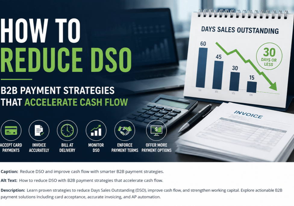 Business professional reviewing invoices, financial reports, calculator, and DSO performance chart representing improved B2B cash flow and accounts receivable management.