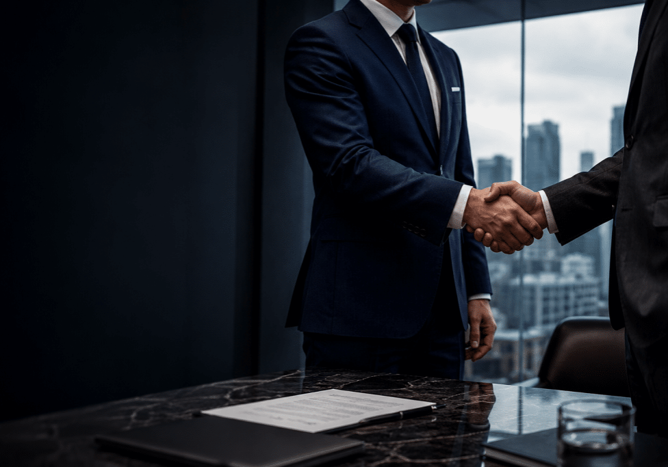 Merchant Services Agent Program Two business executives shaking hands in a modern corporate boardroom.