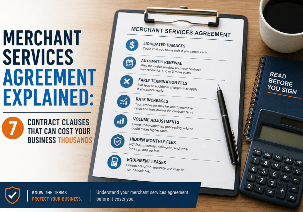 Business owner reviewing a merchant services agreement highlighting contract clauses, liquidated damages, auto-renewal, and early termination fees.