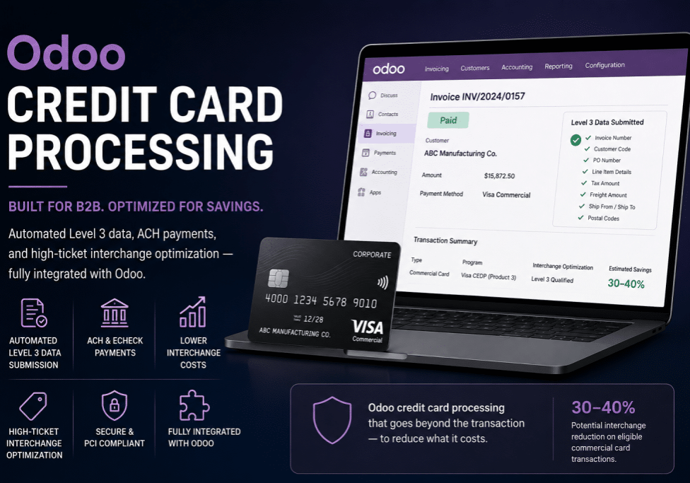 Odoo credit card processing for B2B with automated Level 3 data and interchange optimization