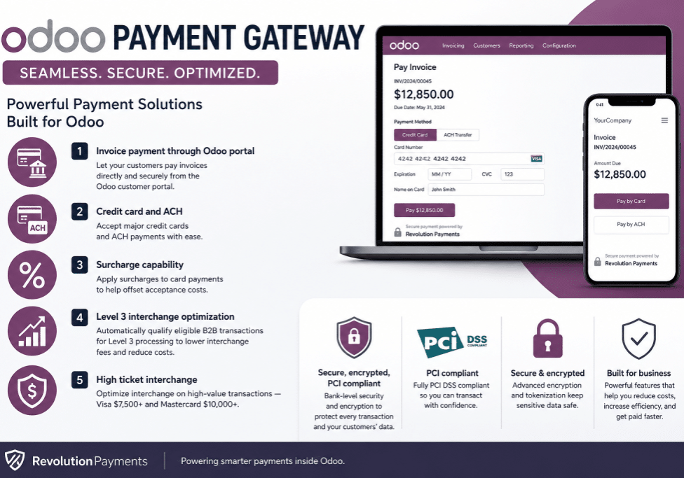Image descrirbes Odoo payment gateway for B2B credit card, ACH and Level 3 processing