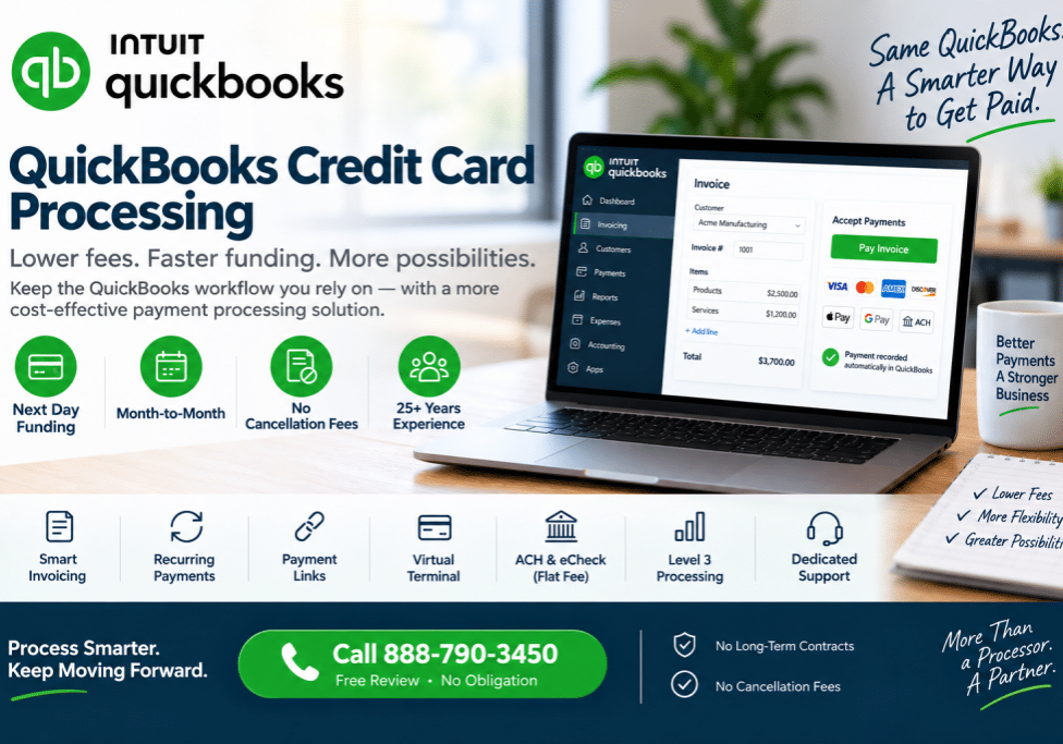 QuickBooks credit card processing with lower fees, next day funding and Level 3 processing