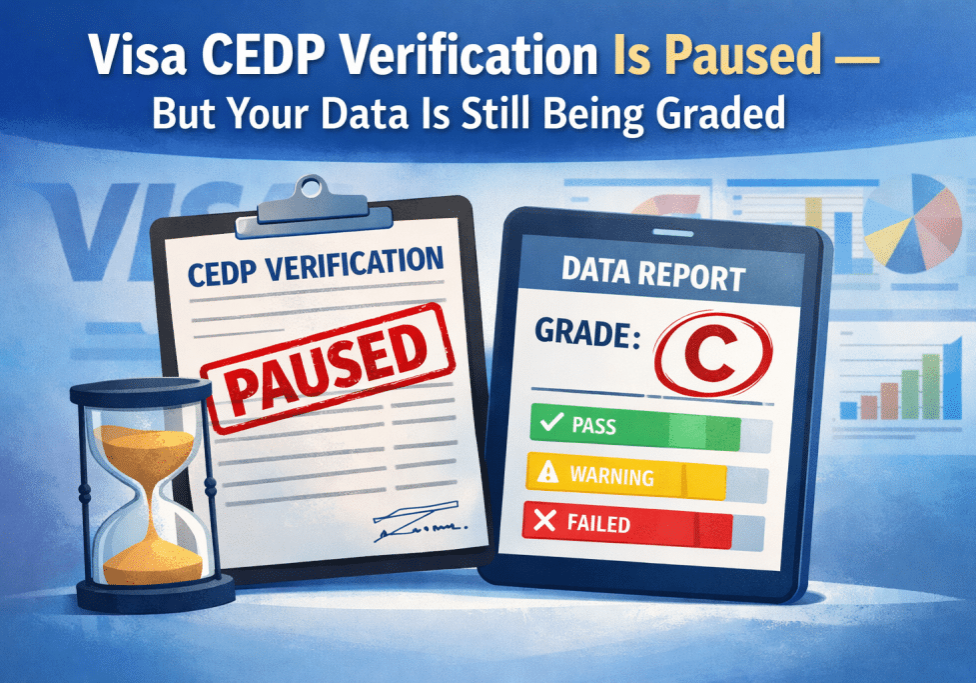 Visa CEDP verification paused stamp on clipboard next to data report still being graded — lagged interchange process for B2B merchants 2026