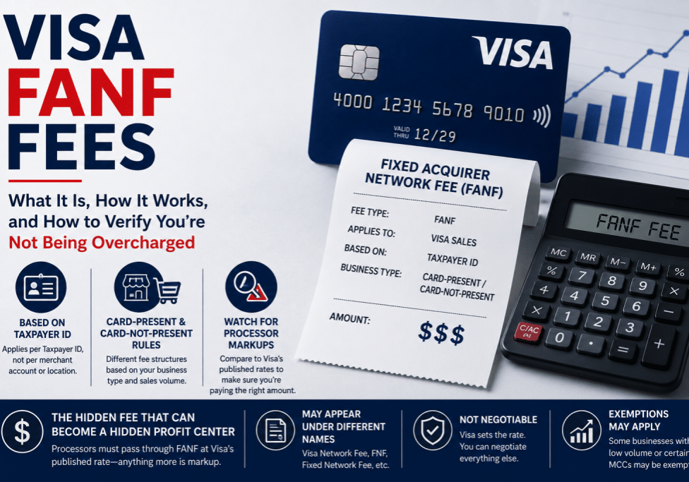 Infographic explaining Visa FANF fees, including how the Fixed Acquirer Network Fee works, how it is assessed, and how merchants can identify potential processor markups.